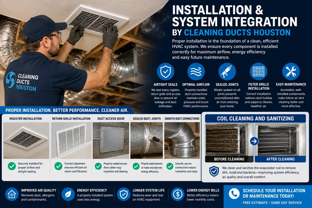  technician installing a ceiling air vent register and integrating 