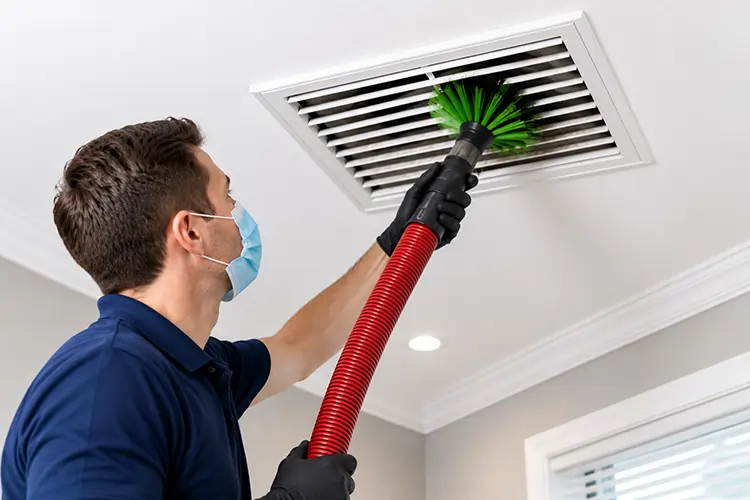 technician cleaning a residential ceiling air vent using a professional vacuum hose and rotary brush.