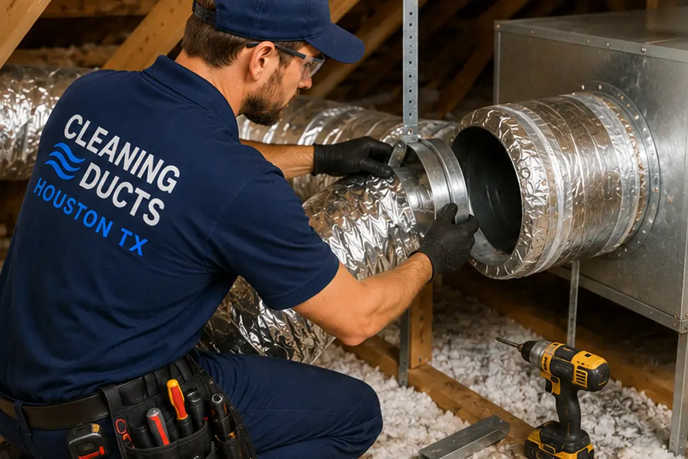 HVAC technician sealing and repairing