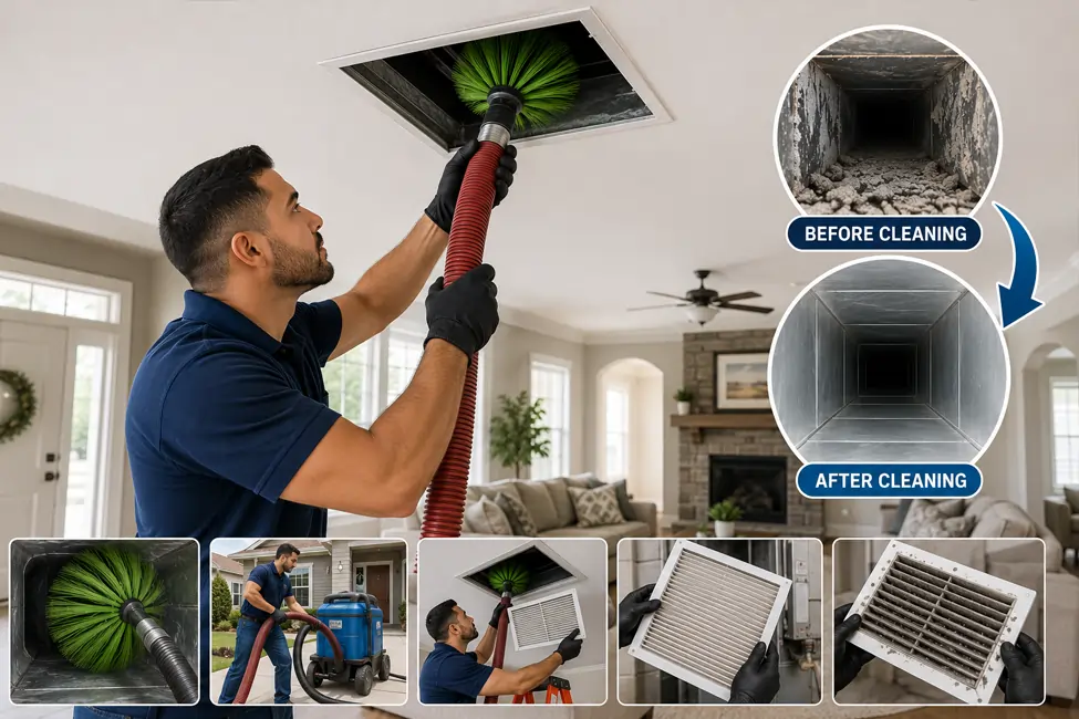 Professional air duct cleaning service showing HVAC technician cleaning residential ductwork