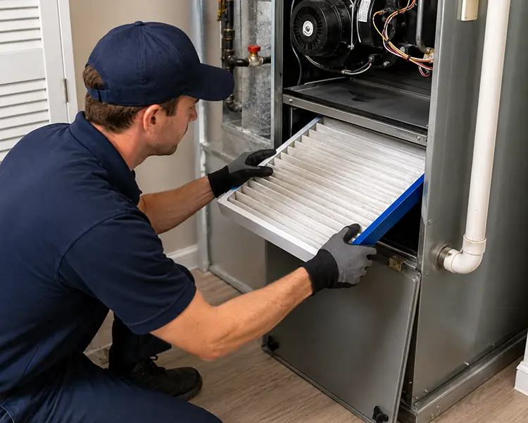 HVAC technician installing a new high-efficiency air filter