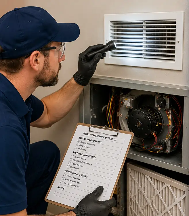 HVAC Inspection and Maintenance Professional HVAC technician inspecting and maintaining residential heating systems