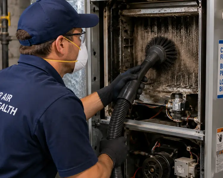HVAC technician performing professional furnace cleaning to remove dust and debris